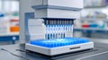 In a high-tech laboratory, an automated pipetting system is efficiently transferring liquids into multiple wells of a sample plate Royalty Free Stock Photo