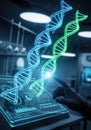 Futuristic scientist hand interacting with glowing DNA double helix hologram in high-tech laboratory. Royalty Free Stock Photo