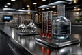 High-tech laboratory setup featuring glassware, red and clear liquids, and sleek reflective surfaces under futuristic lighting Royalty Free Stock Photo