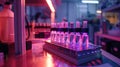 High-tech laboratory testing advanced lithium-ion batteries under pink lighting