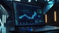 High-tech laptop analyzing data with interactive graphs in a futuristic setting Royalty Free Stock Photo