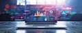 High-tech laptop displaying data analytics and graphs in modern digital workspace Royalty Free Stock Photo