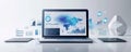 High-tech laptop displaying data analytics and graphs in modern digital workspace Royalty Free Stock Photo