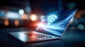High-tech laptop displaying glowing Wi-Fi signal waves on screen in low light Royalty Free Stock Photo