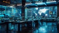 A high-tech logistics control center displays large screens showing delivery routes and analytics, optimizing logistics