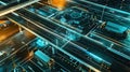 High-tech logistics hub with autonomous trucks, wind turbines, and digital network overlay