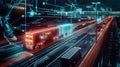 High-tech logistics hub with autonomous trucks, wind turbines, and digital network overlay