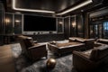 A high-tech media room with a massive flat-screen TV, plush seating, and immersive surround sound