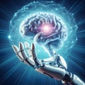 High tech medical device with robotic hand holding brain in futuristic AI experiment ai generated