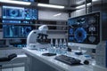 A high-tech medical laboratory with AI-powered diagnostic tools, featuring a large screen displaying patient data