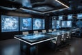 high-tech meeting room with flat screens, projectors, and holographic displays