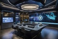 high-tech meeting room with flat screens, projectors, and holographic displays