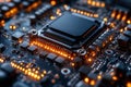 High-tech microchip with glowing circuits showcasing advanced electronics and intricate design in a close-up view Royalty Free Stock Photo