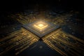 High-Tech Microchip with Illuminated Golden Pathways Royalty Free Stock Photo