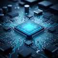 High-Tech Microchip on Motherboard with Glowing Blue Circuit Pathways Royalty Free Stock Photo