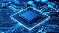 Advanced microchip on a futuristic circuit board with luminous blue data pathways and digital connections Royalty Free Stock Photo