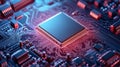 High-tech microprocessor on a circuit board illuminated by vibrant blue and red lights in modern electronics
