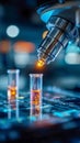 High-tech microscope examining glowing liquid samples in a futuristic laboratory Royalty Free Stock Photo