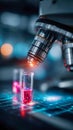 High-tech microscope examining glowing liquid samples in a futuristic laboratory Royalty Free Stock Photo