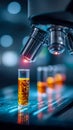 High-tech microscope examining glowing liquid samples in a futuristic laboratory Royalty Free Stock Photo
