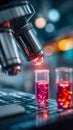 High-tech microscope examining glowing liquid samples in a futuristic laboratory Royalty Free Stock Photo