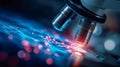 High-tech microscope examining glowing particles and blue energy waves in a futuristic scientific environment Royalty Free Stock Photo