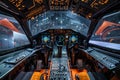 Advanced airplane cockpit with illuminated control panels and displays during calibration Royalty Free Stock Photo