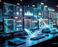 High-Tech Multi-Monitor Command Center Futuristic Data Analytics Workstation with Glowing Blue Data Streams Royalty Free Stock Photo
