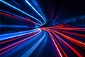 A high-tech neon tunnel with blue and red glowing lines crossing over each other, creating a