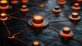 A High-Tech Network of Interconnected Nodes Glowing with Orange Light on a Dark Textured Surface Royalty Free Stock Photo