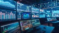 High-Tech Network Operations Center with Computer Monitors Displaying Data Royalty Free Stock Photo