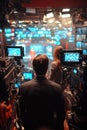 Broadcasting live from a modern news studio with dynamic journalists and operators at work Royalty Free Stock Photo