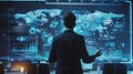 In a high-tech office, a businessman stands before a large digital wall, analyzing complex data visualizations that represent Royalty Free Stock Photo