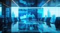 High-tech office featuring a holographic display of automation statistics floating above a conference table, with Royalty Free Stock Photo
