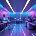 High-tech office with neon purple and blue lighting and computer workstations neon lighting Royalty Free Stock Photo