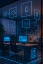 High tech office space equipped with cloud computing network shown with neon lines symbolizing modern data infrastructure Royalty Free Stock Photo
