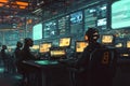 High-tech operators analyze data in a futuristic control room during late nigh Royalty Free Stock Photo