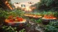 High-tech outdoor farm with drone-assisted hydroponic tomato cultivation. AI Generated. Royalty Free Stock Photo