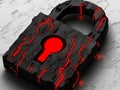 High tech padlock glowing red core textured black surface symbolizing data protection encryption cybersecurity in futuristic
