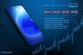 High tech planet earth hologram in smartphone screen with investment financial data vector diagram. Stock market chart.