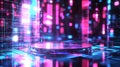 A high-tech product pedestal with a reflective, transparent surface and dynamic holographic