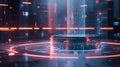 A high-tech product pedestal with a reflective, transparent surface and dynamic holographic