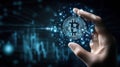 A high-tech and professional illustration depicting the concept of cryptocurrency, network visualization, and data analysis in a
