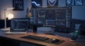 High-Tech Programmer\'s Workspace with Code and Data Visualizations Royalty Free Stock Photo