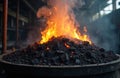 High-tech pyrolysis process plant image. Burning organic material, charcoal, fire, smoke with modern industrial setting. Royalty Free Stock Photo
