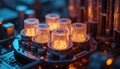 High-tech quantum computer setup with glowing quantum circuits. Close-up view of quantum computing components. Modern computing Royalty Free Stock Photo