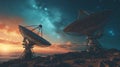 High-tech radio telescope array with dual satellite dishes, capturing brilliance of distant stars