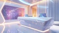 High-tech reception area with holographic displays and neon lights