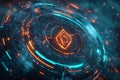 A high-tech representation of cybersecurity, featuring glowing AI-driven firewall structures,