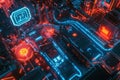 A high-tech representation of cybersecurity, featuring glowing AI-driven firewall structures,